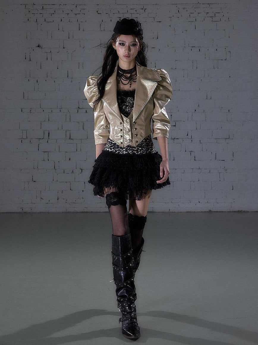 NO ROMANCE Studded Metal Punk Oversized Cropped Puff Sleeve Womens Button Track Jackets
