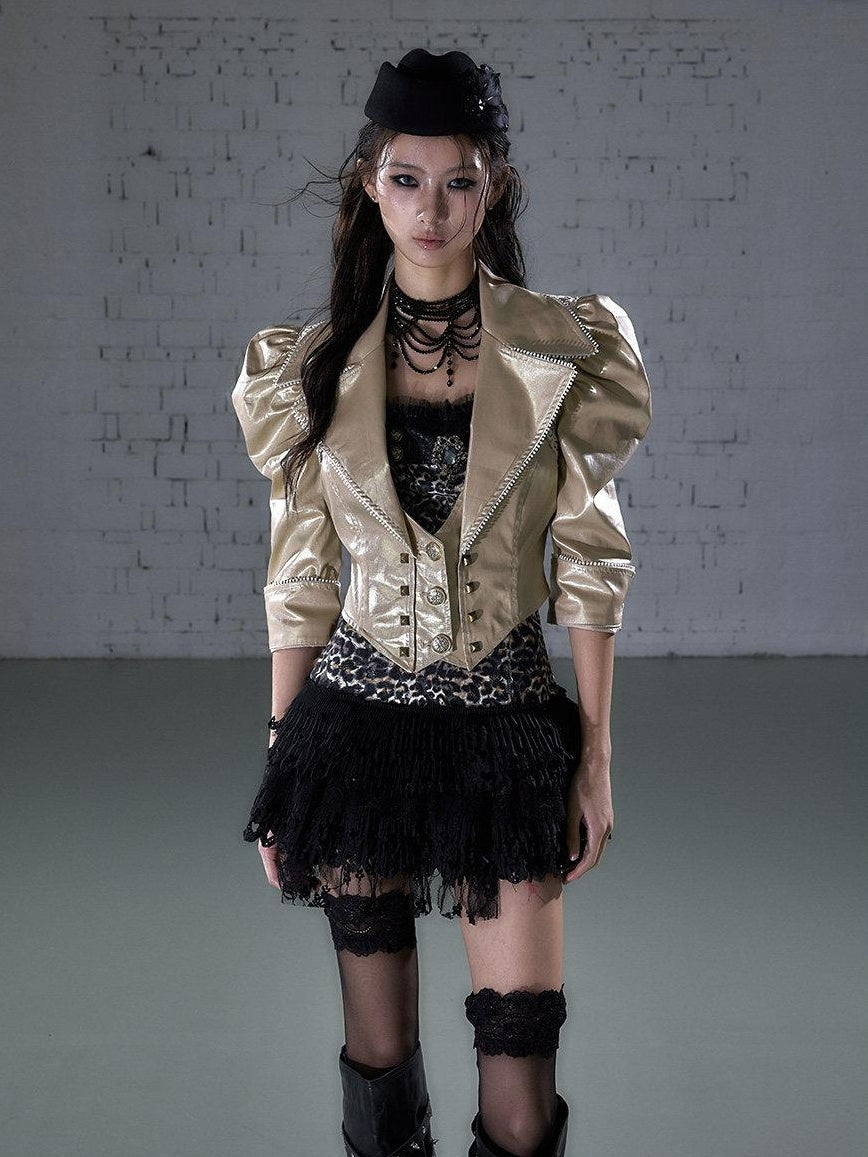 NO ROMANCE Studded Metal Punk Oversized Cropped Puff Sleeve Womens Button Track Jackets
