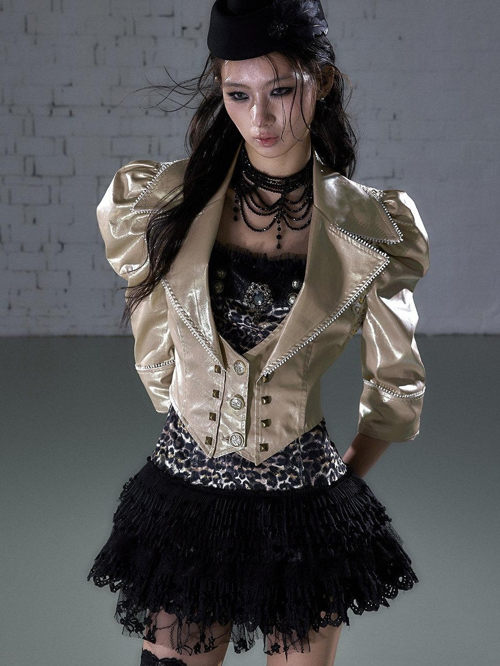 NO ROMANCE Studded Metal Punk Oversized Cropped Puff Sleeve Womens Button Track Jackets