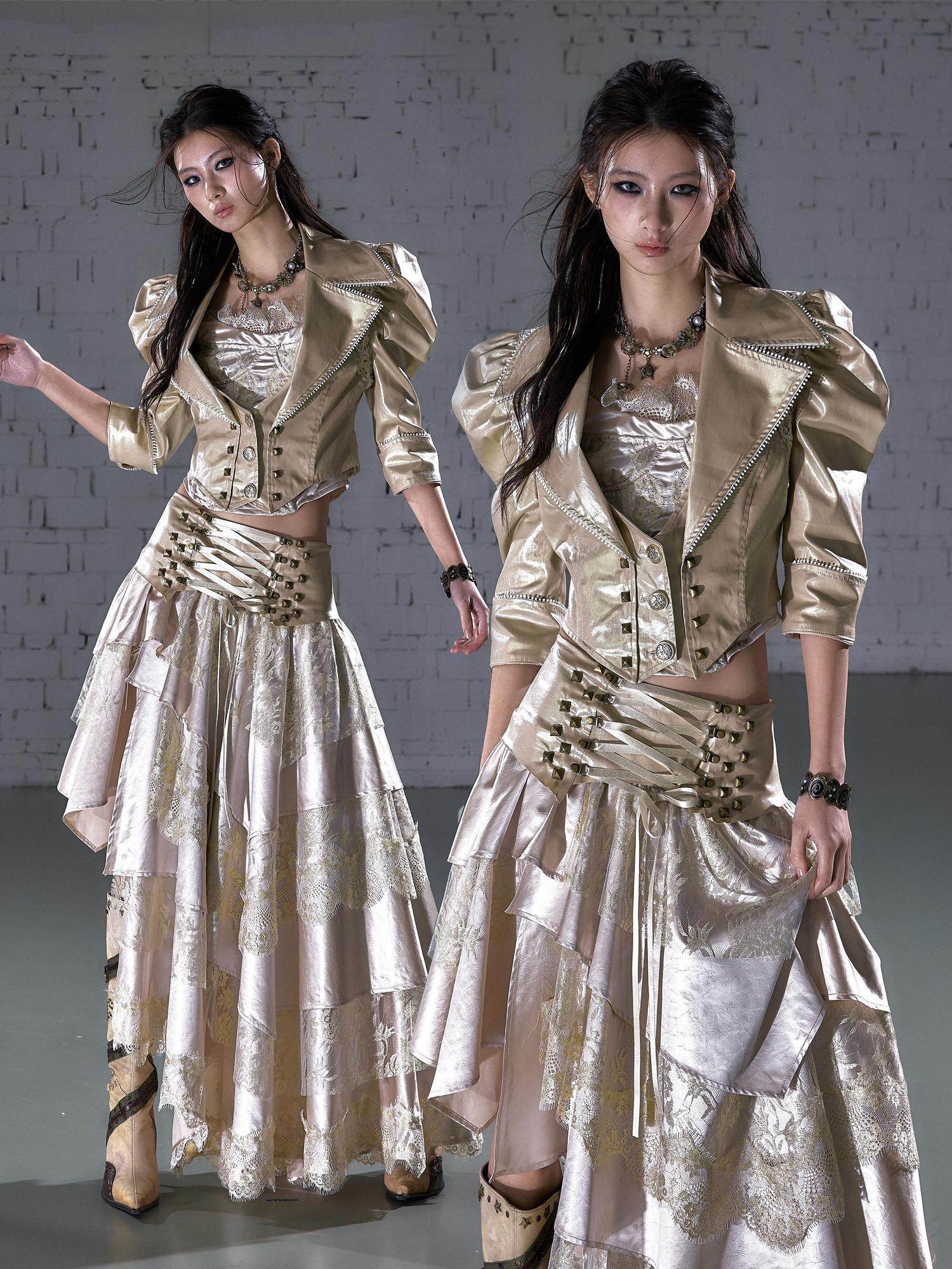 NO ROMANCE Studded Metal Punk Oversized Cropped Puff Sleeve Womens Button Track Jackets
