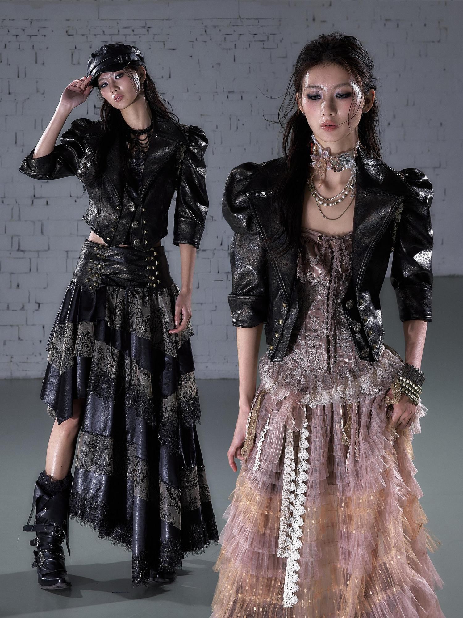 NO ROMANCE Studded Metal Punk Oversized Cropped Puff Sleeve Womens Button Track Jackets