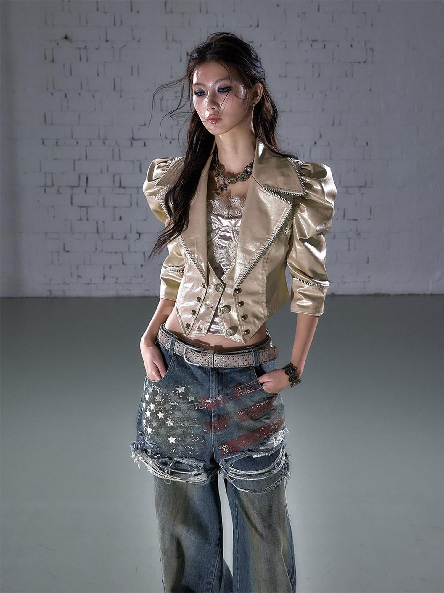 NO ROMANCE Studded Metal Punk Oversized Cropped Puff Sleeve Womens Button Track Jackets