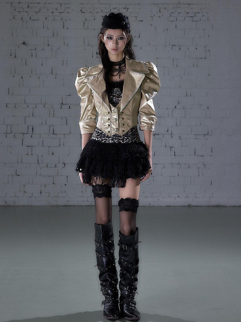 NO ROMANCE Studded Metal Punk Oversized Cropped Puff Sleeve Womens Button Track Jackets