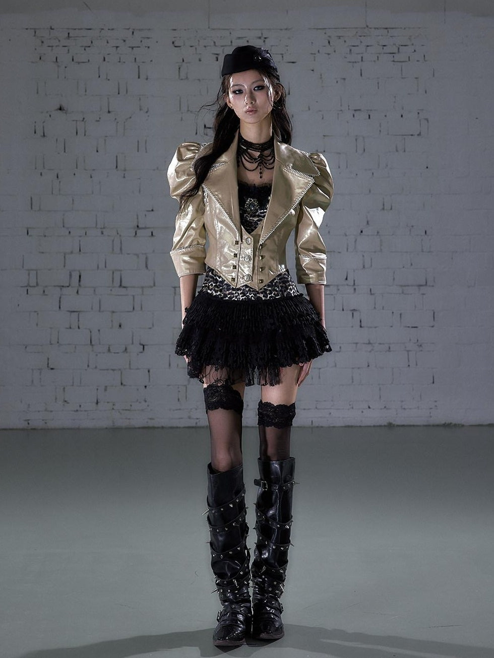 NO ROMANCE Studded Metal Punk Oversized Cropped Puff Sleeve Womens Button Track Jackets