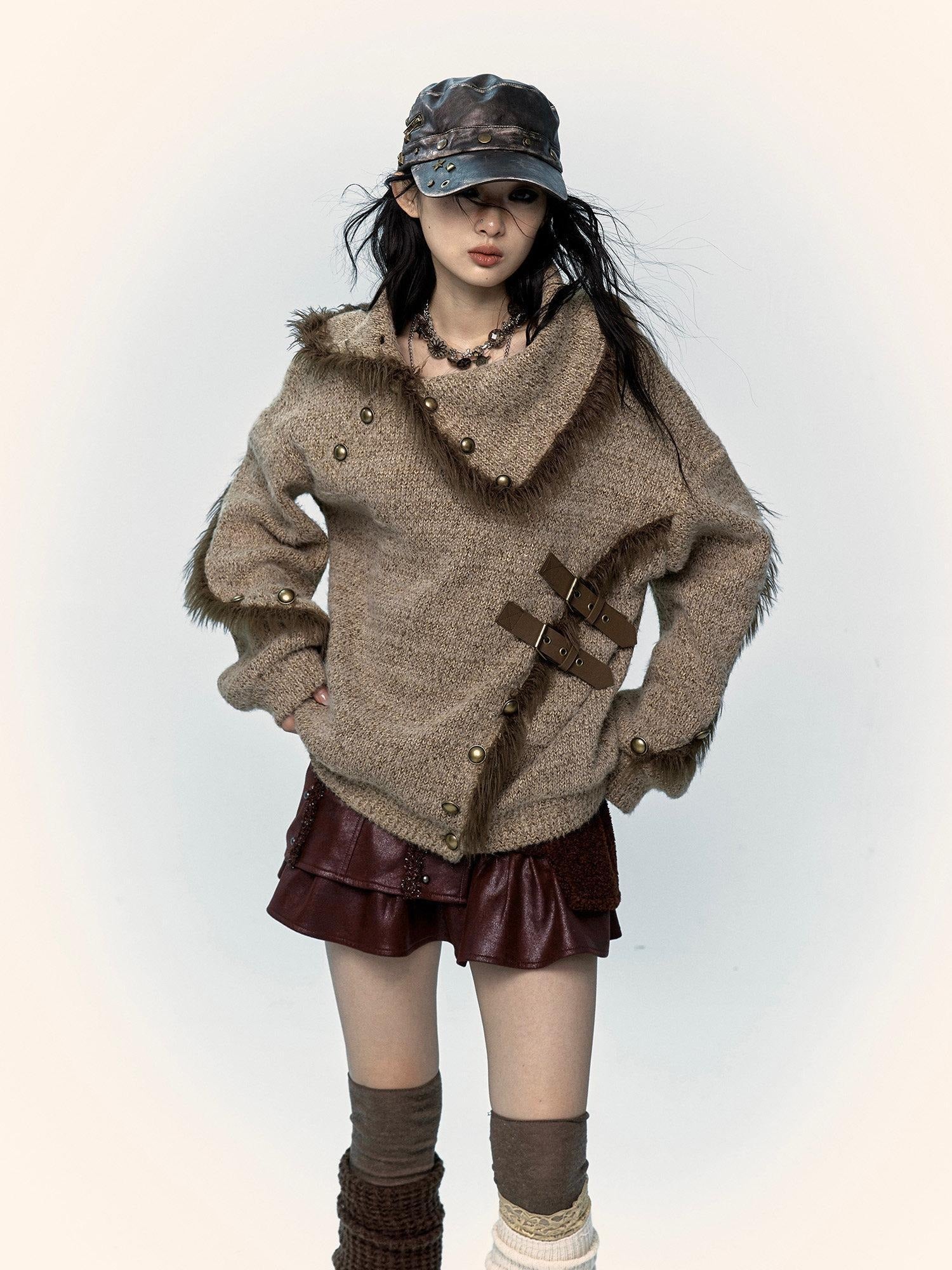 NO ROMANCE Thick Cozy Knit Pullover Street Loose Fit Stand Collar Youth Wheat Sweaters
