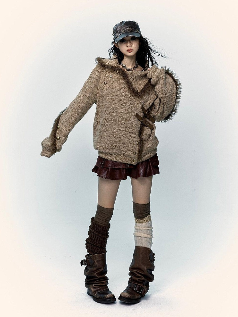 NO ROMANCE Thick Cozy Knit Pullover Street Loose Fit Stand Collar Youth Wheat Sweaters