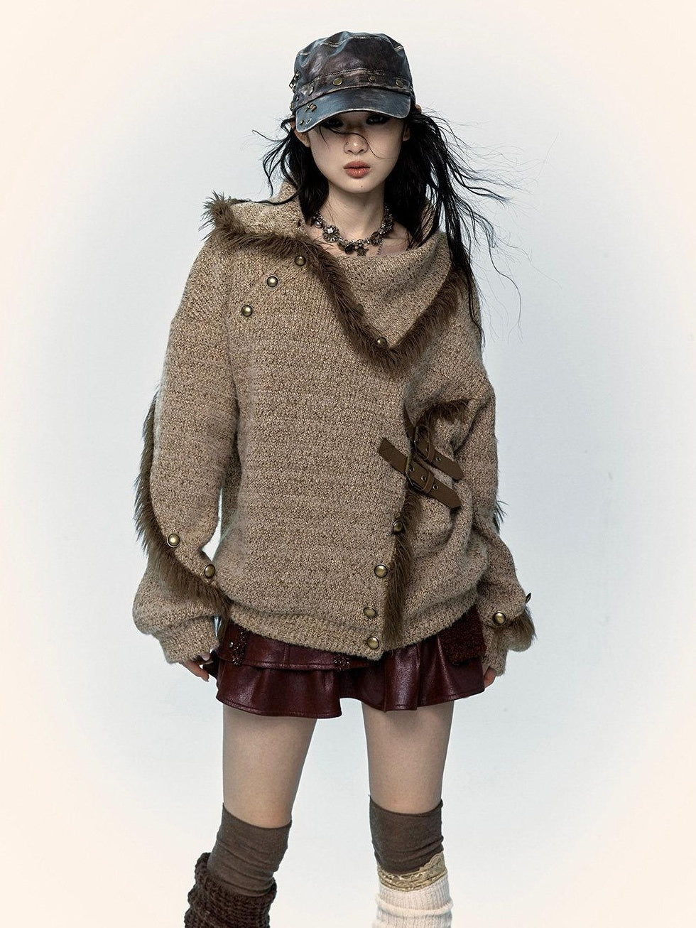 NO ROMANCE Thick Cozy Knit Pullover Street Loose Fit Stand Collar Youth Wheat Sweaters