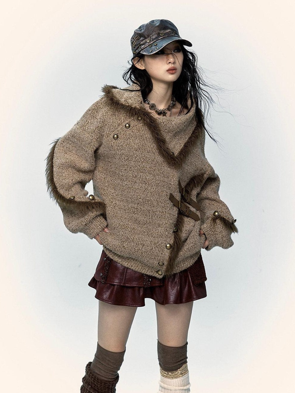 NO ROMANCE Thick Cozy Knit Pullover Street Loose Fit Stand Collar Youth Wheat Sweaters