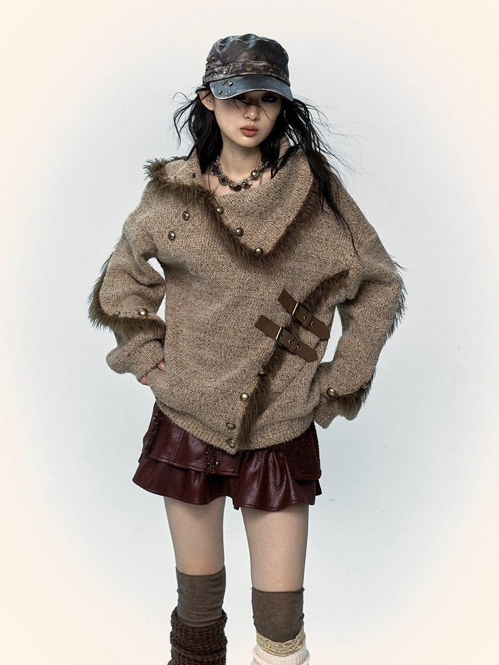 NO ROMANCE Thick Cozy Knit Pullover Street Loose Fit Stand Collar Youth Wheat Sweaters