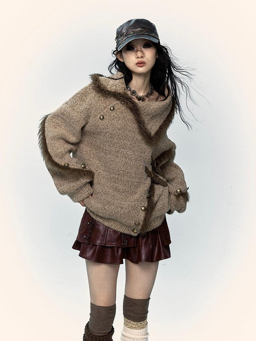 NO ROMANCE Thick Cozy Knit Pullover Street Loose Fit Stand Collar Youth Wheat Sweaters