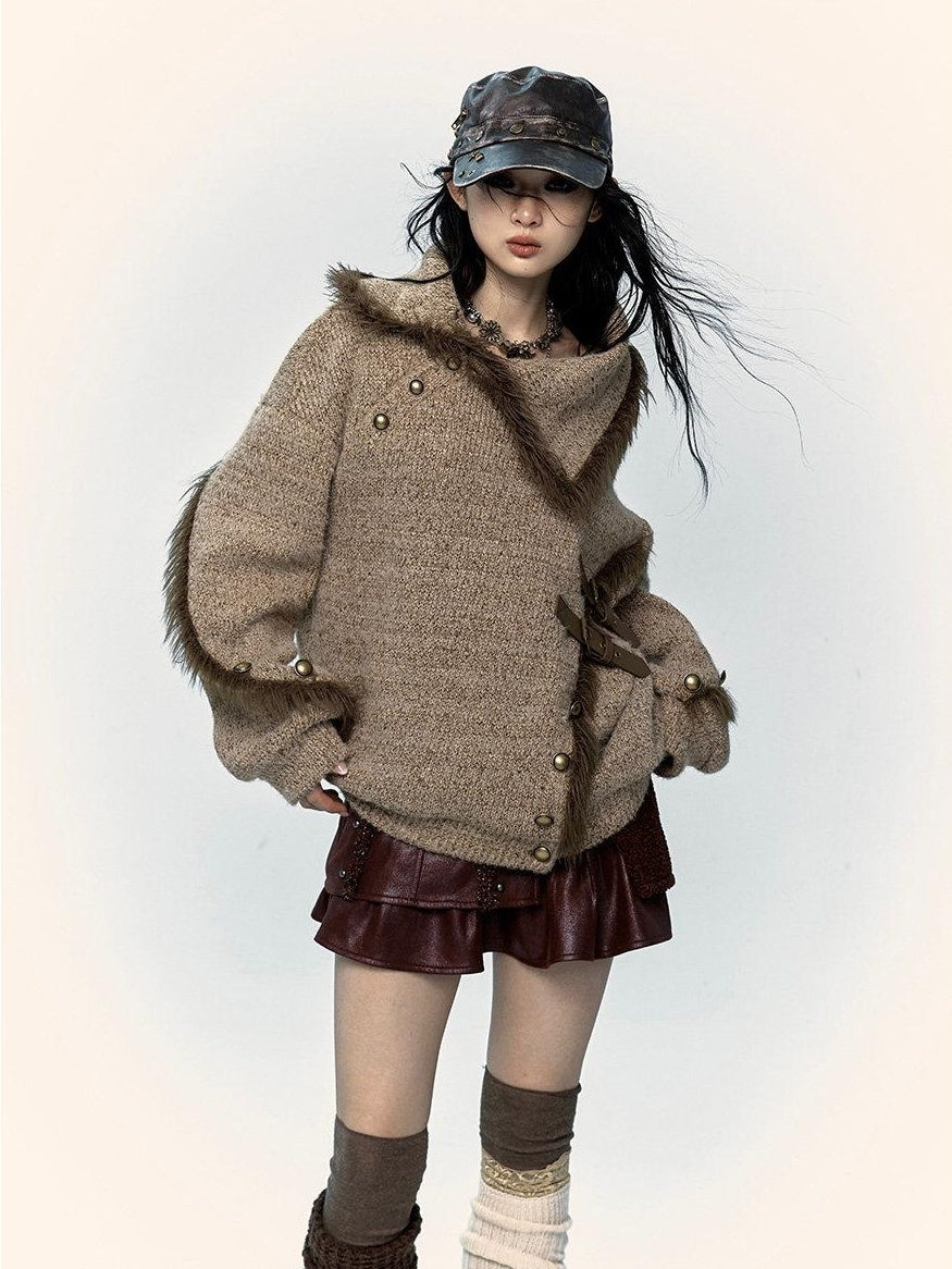 NO ROMANCE Thick Cozy Knit Pullover Street Loose Fit Stand Collar Youth Wheat Sweaters