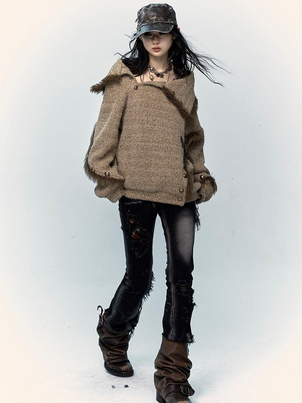 NO ROMANCE Thick Cozy Knit Pullover Street Loose Fit Stand Collar Youth Wheat Sweaters