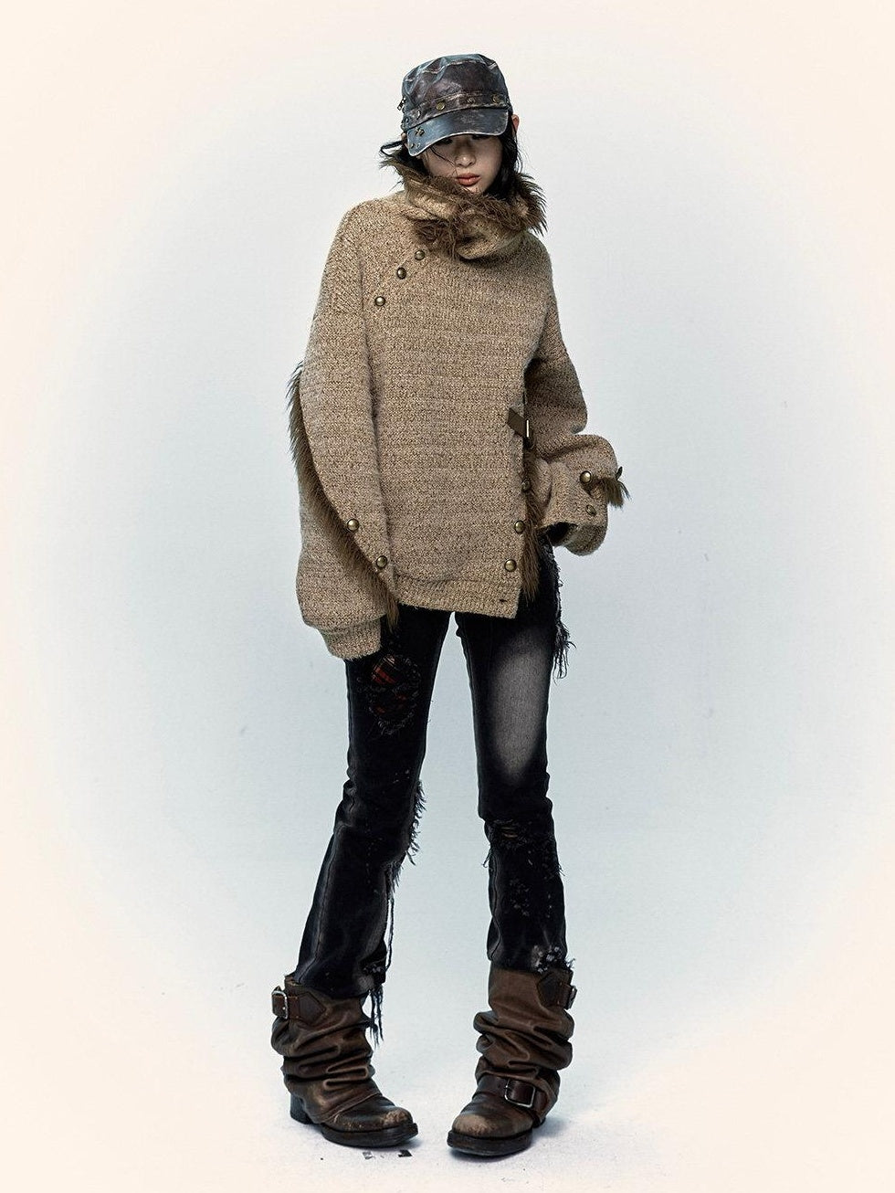 NO ROMANCE Thick Cozy Knit Pullover Street Loose Fit Stand Collar Youth Wheat Sweaters
