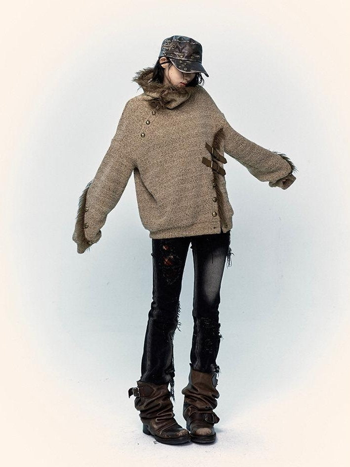 NO ROMANCE Thick Cozy Knit Pullover Street Loose Fit Stand Collar Youth Wheat Sweaters