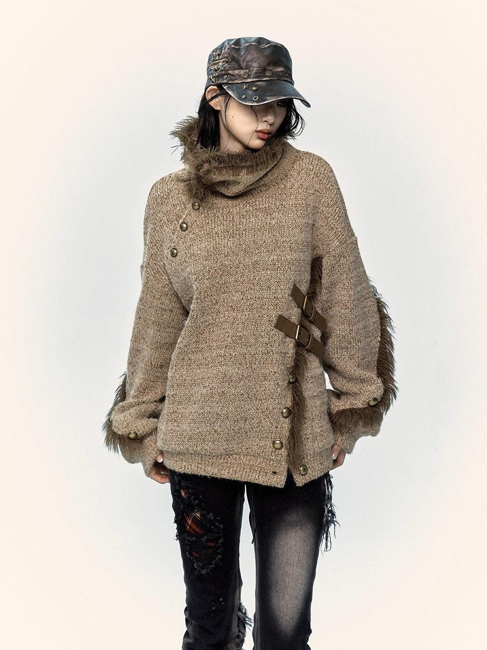 NO ROMANCE Thick Cozy Knit Pullover Street Loose Fit Stand Collar Youth Wheat Sweaters
