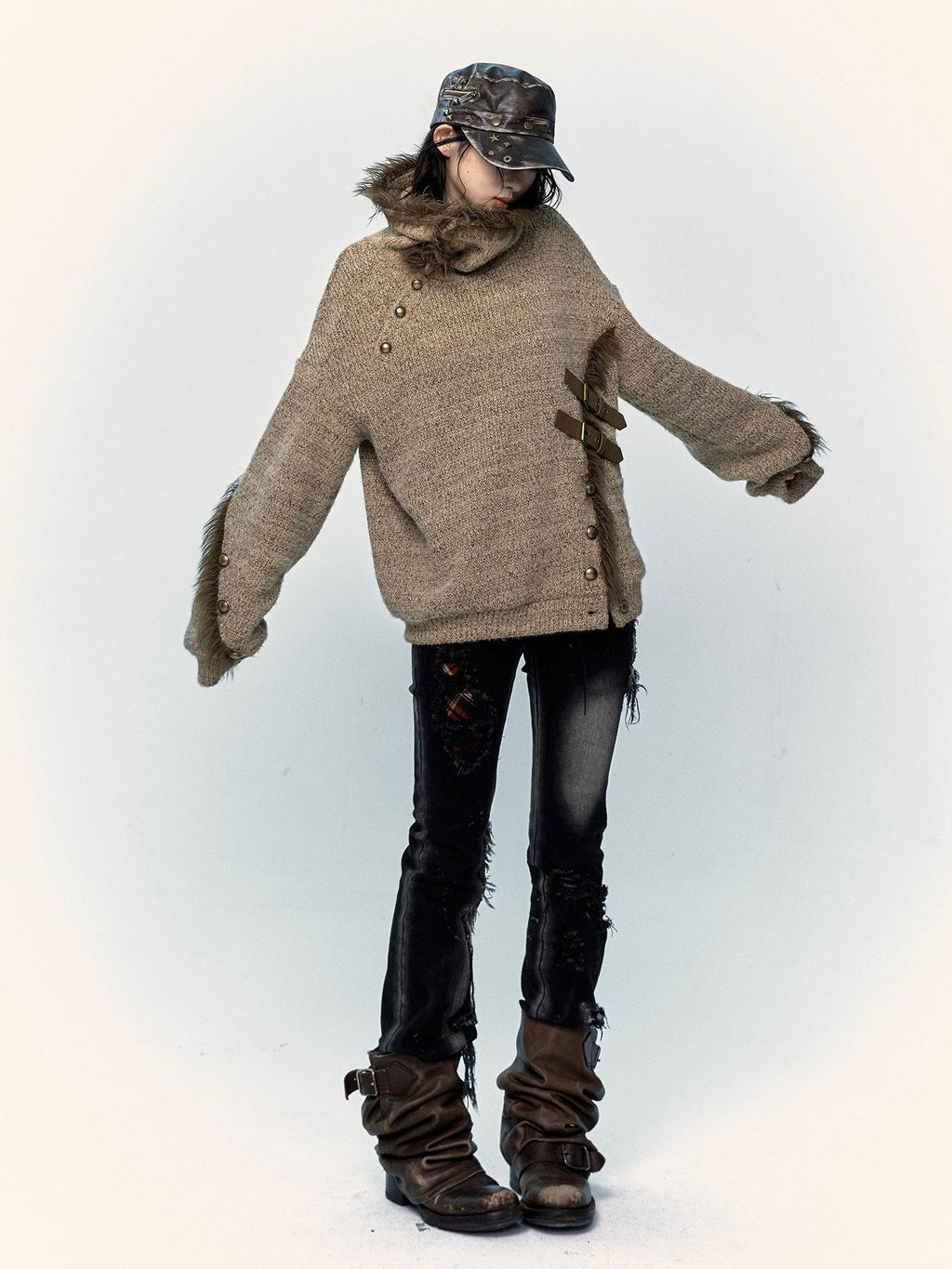 NO ROMANCE Thick Cozy Knit Pullover Street Loose Fit Stand Collar Youth Wheat Sweaters