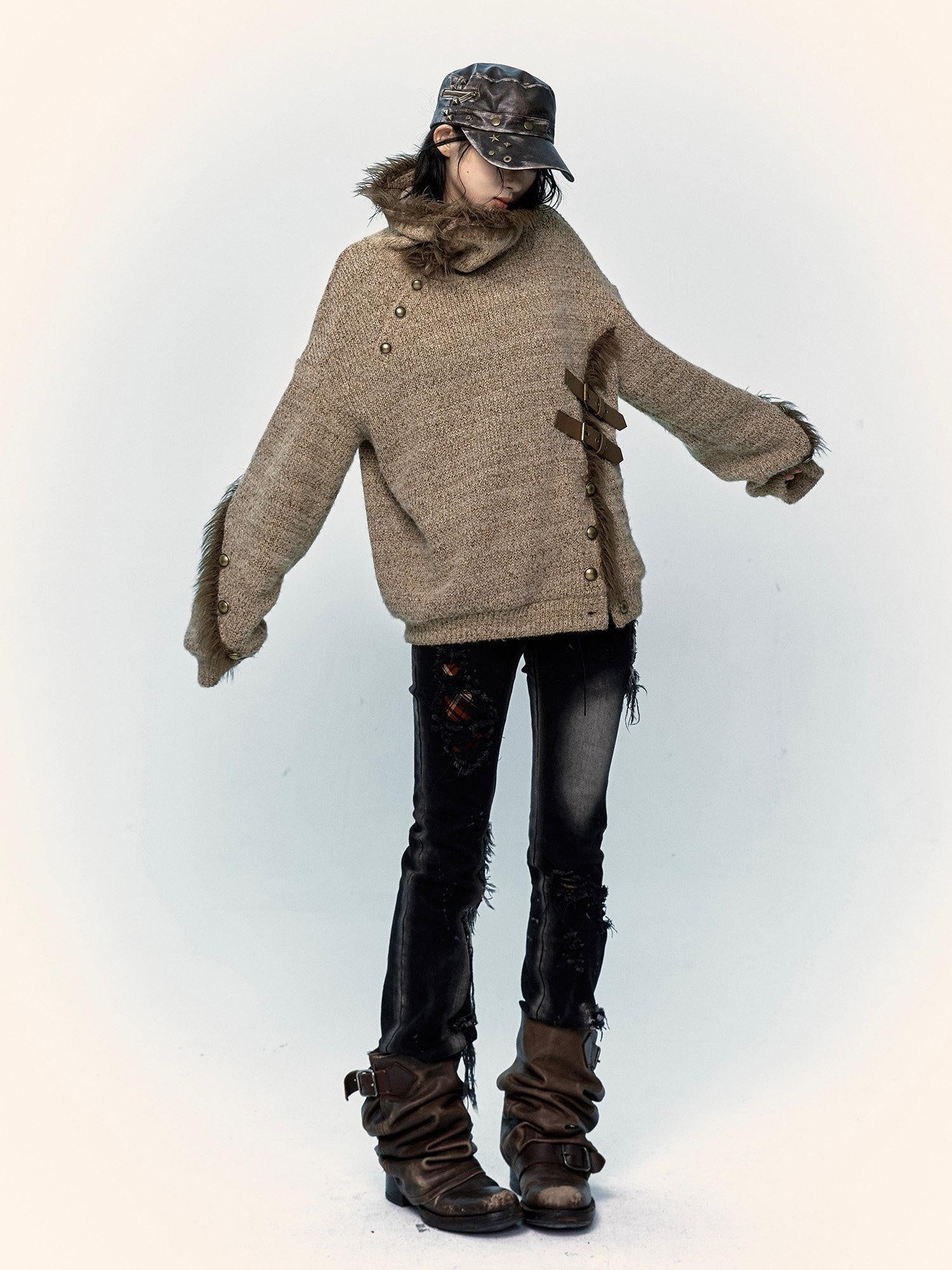 NO ROMANCE Thick Cozy Knit Pullover Street Loose Fit Stand Collar Youth Wheat Sweaters