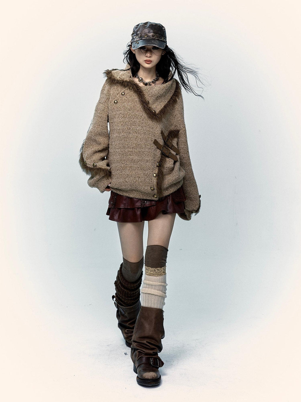 NO ROMANCE Thick Cozy Knit Pullover Street Loose Fit Stand Collar Youth Wheat Sweaters