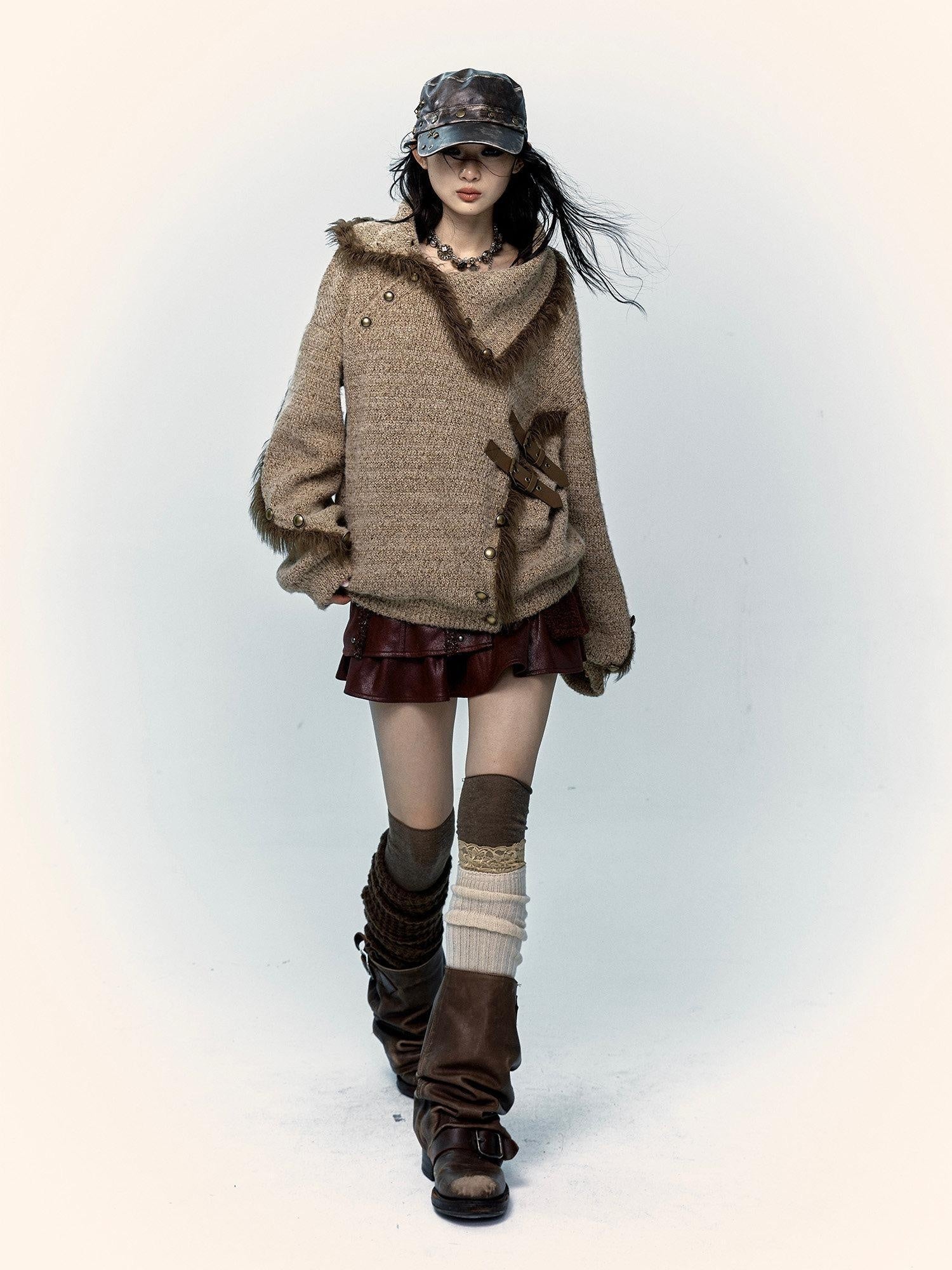 NO ROMANCE Thick Cozy Knit Pullover Street Loose Fit Stand Collar Youth Wheat Sweaters
