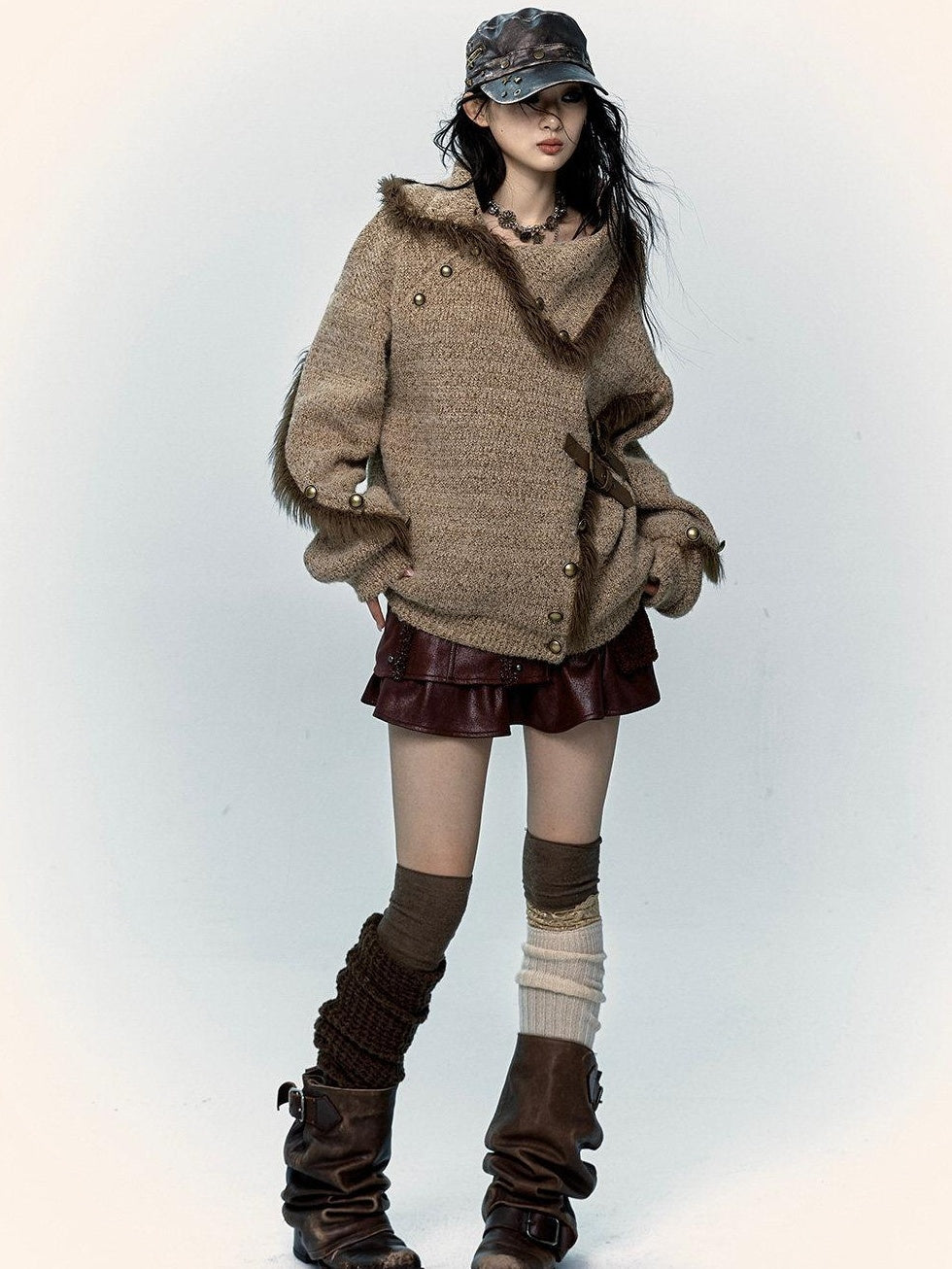 NO ROMANCE Thick Cozy Knit Pullover Street Loose Fit Stand Collar Youth Wheat Sweaters