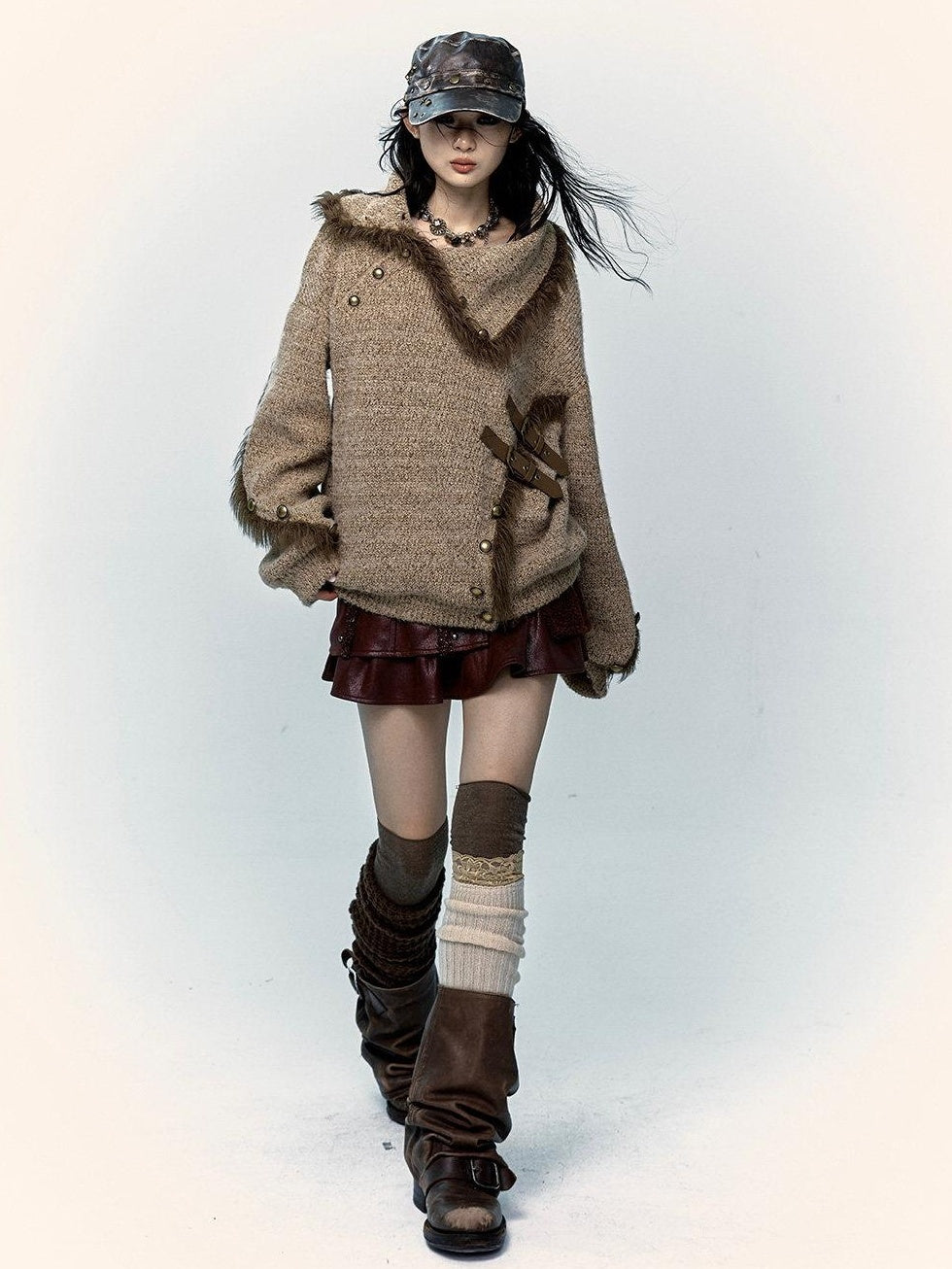 NO ROMANCE Thick Cozy Knit Pullover Street Loose Fit Stand Collar Youth Wheat Sweaters