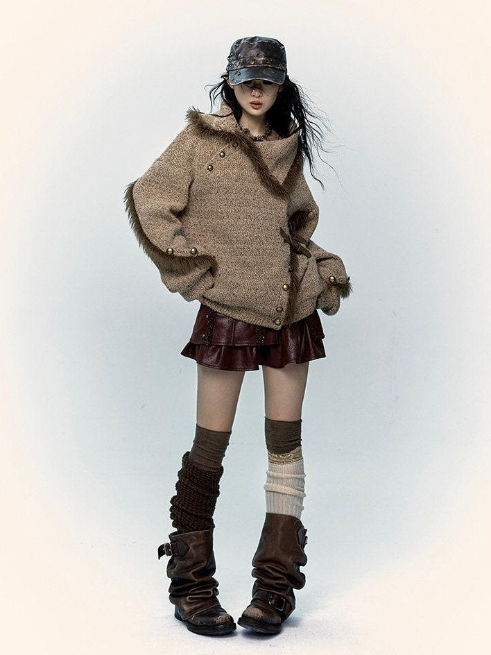 NO ROMANCE Thick Cozy Knit Pullover Street Loose Fit Stand Collar Youth Wheat Sweaters