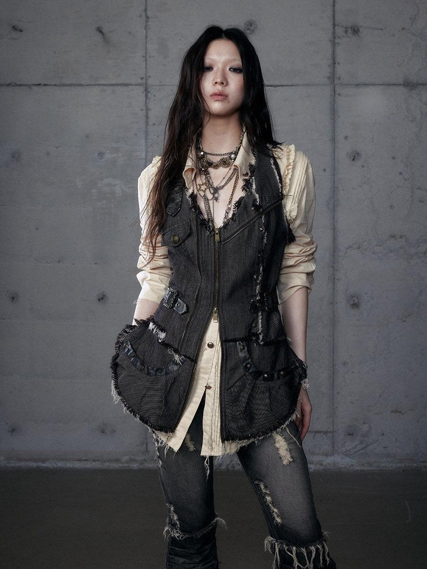NO ROMANCE Versatile Zip Front Original Design Regular Fit Youth Casual Brown Black Vests