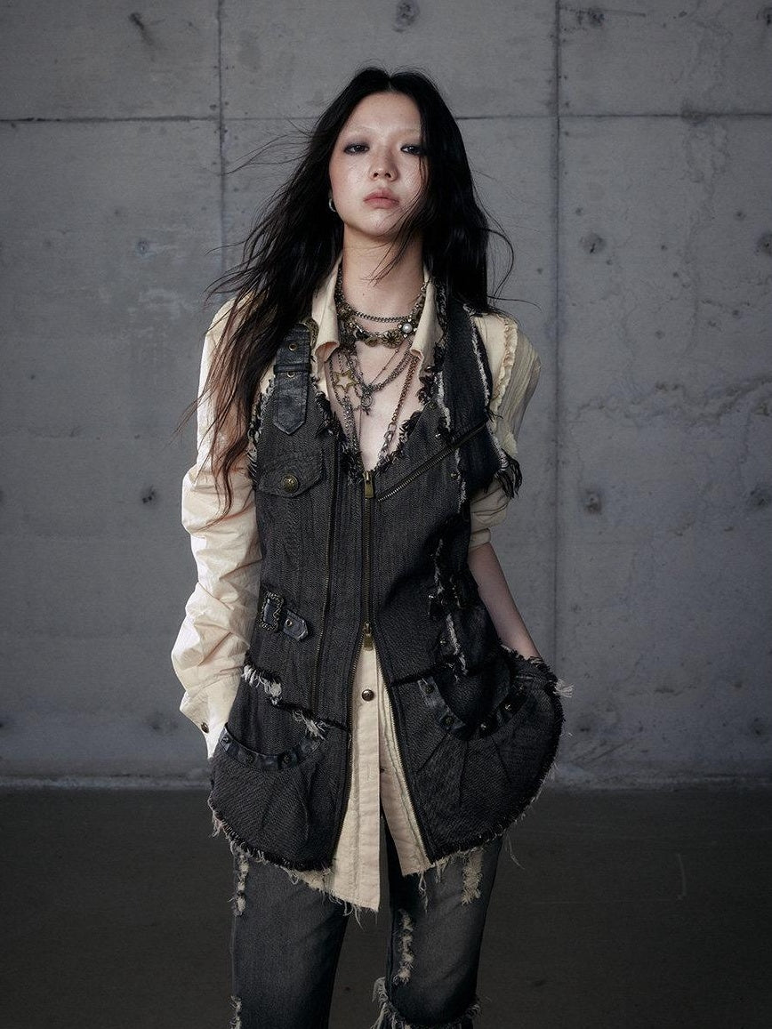 NO ROMANCE Versatile Zip Front Original Design Regular Fit Youth Casual Brown Black Vests