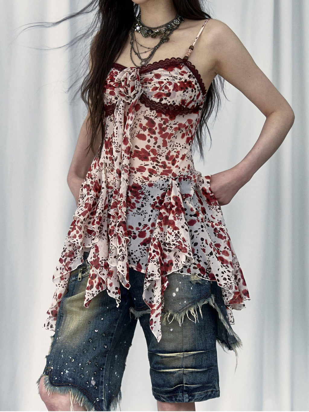 NO ROMANCE Vintage Asymmetrical Cinched Waist Floral Leopard Spaghetti Slip Mini Dresses