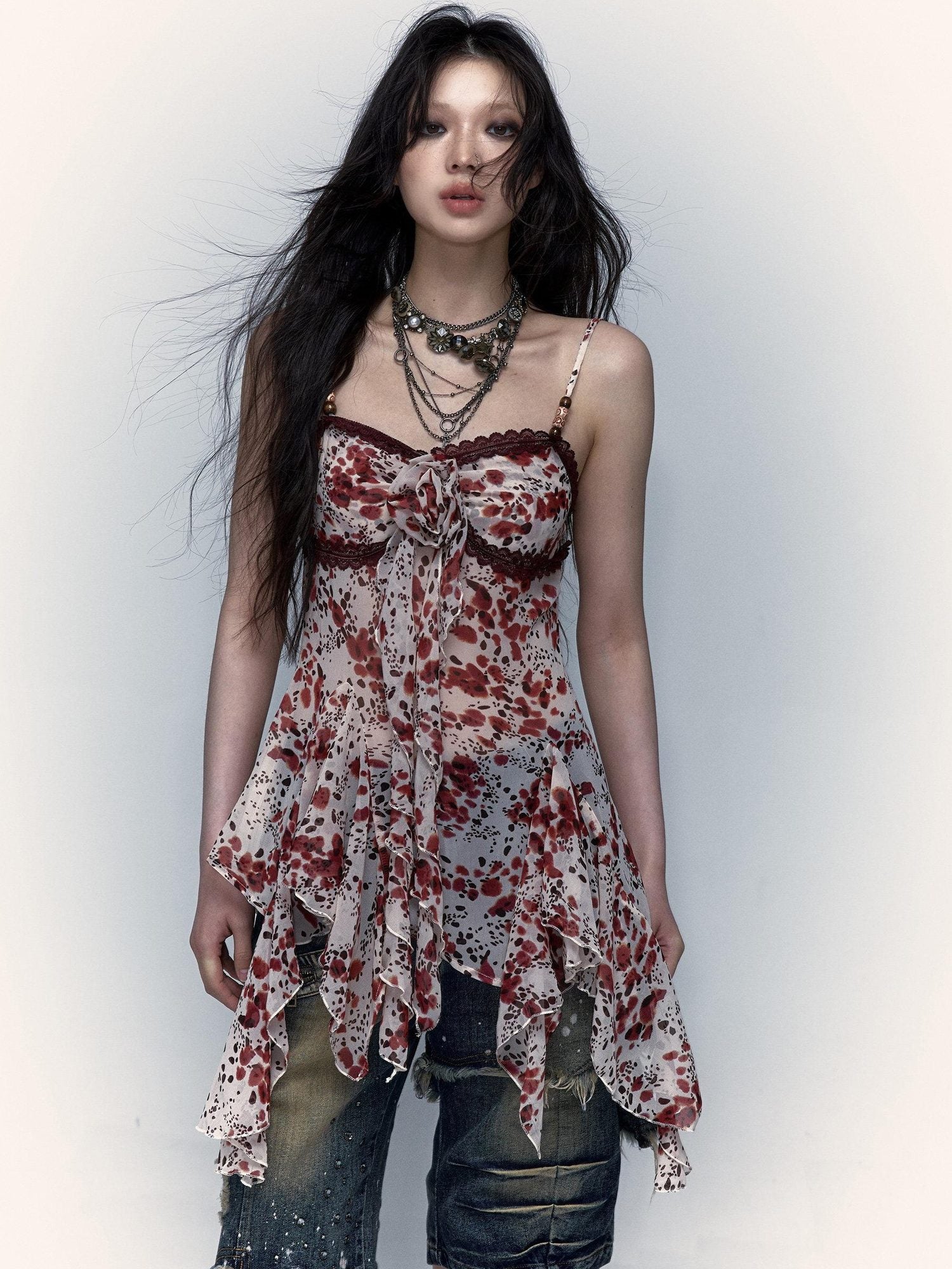 NO ROMANCE Vintage Asymmetrical Cinched Waist Floral Leopard Spaghetti Slip Mini Dresses
