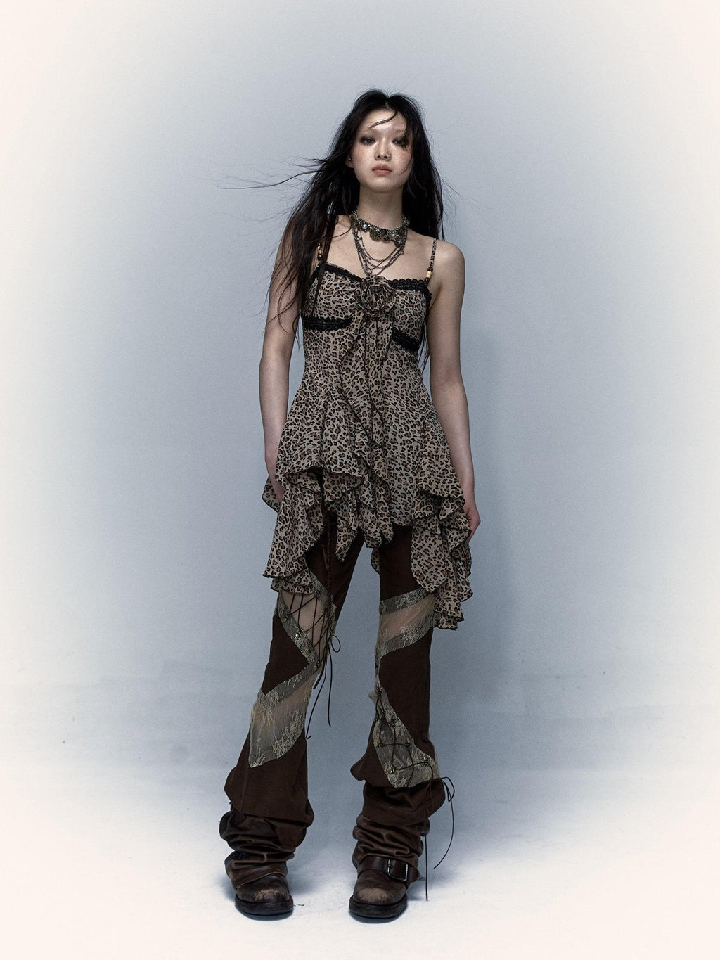 NO ROMANCE Vintage Asymmetrical Cinched Waist Floral Leopard Spaghetti Slip Mini Dresses