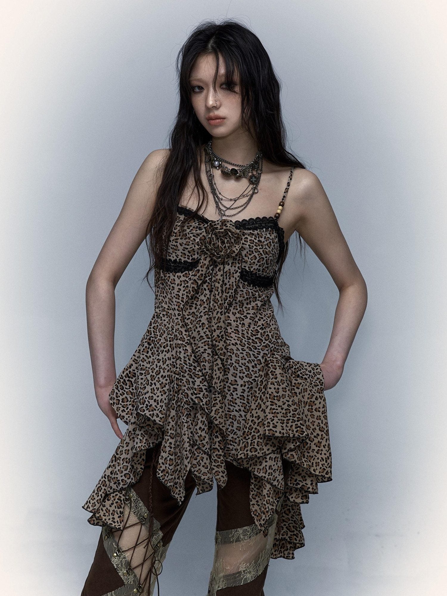 NO ROMANCE Vintage Asymmetrical Cinched Waist Floral Leopard Spaghetti Slip Mini Dresses