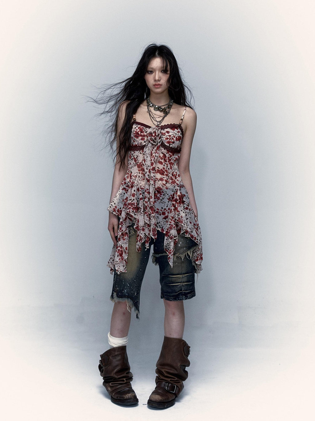 NO ROMANCE Vintage Asymmetrical Cinched Waist Floral Leopard Spaghetti Slip Mini Dresses