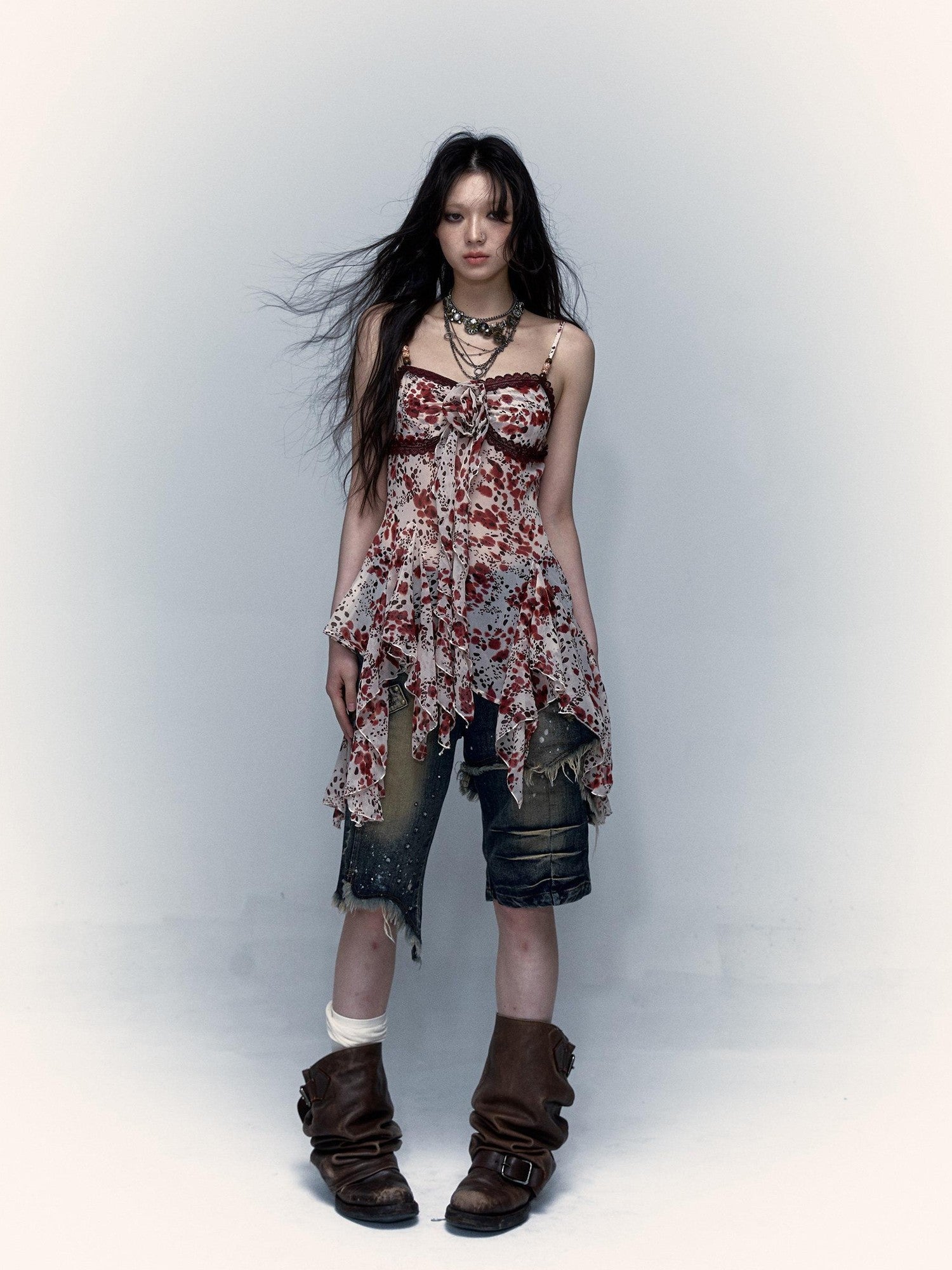 NO ROMANCE Vintage Asymmetrical Cinched Waist Floral Leopard Spaghetti Slip Mini Dresses