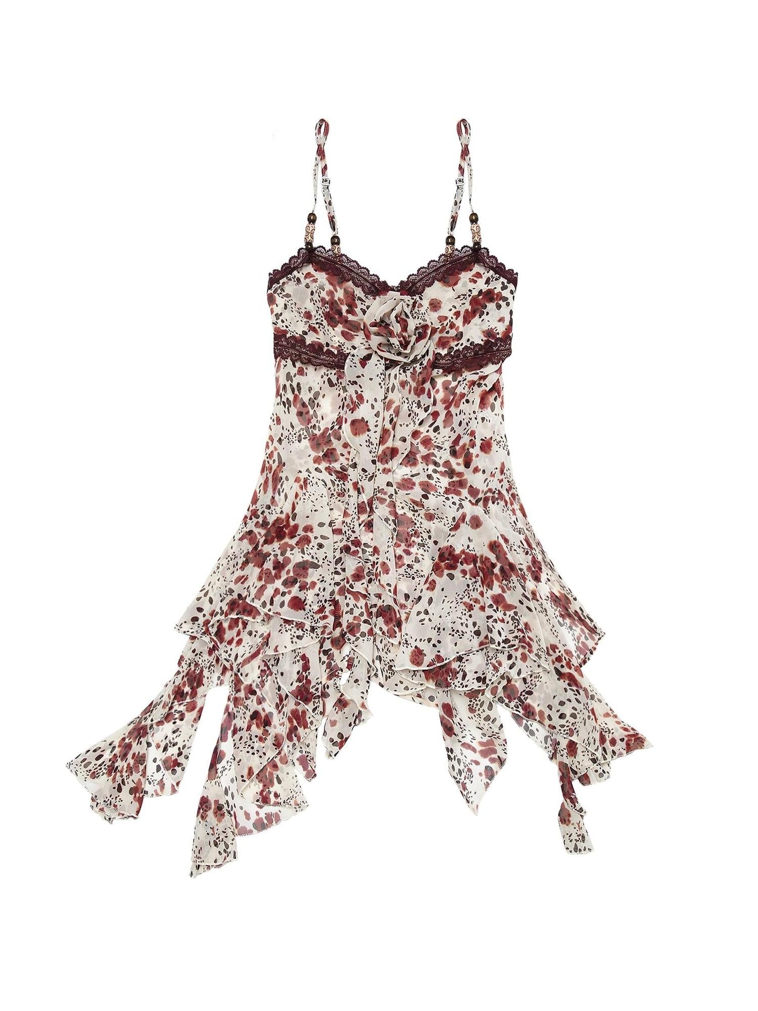 NO ROMANCE Vintage Asymmetrical Cinched Waist Floral Leopard Spaghetti Slip Mini Dresses