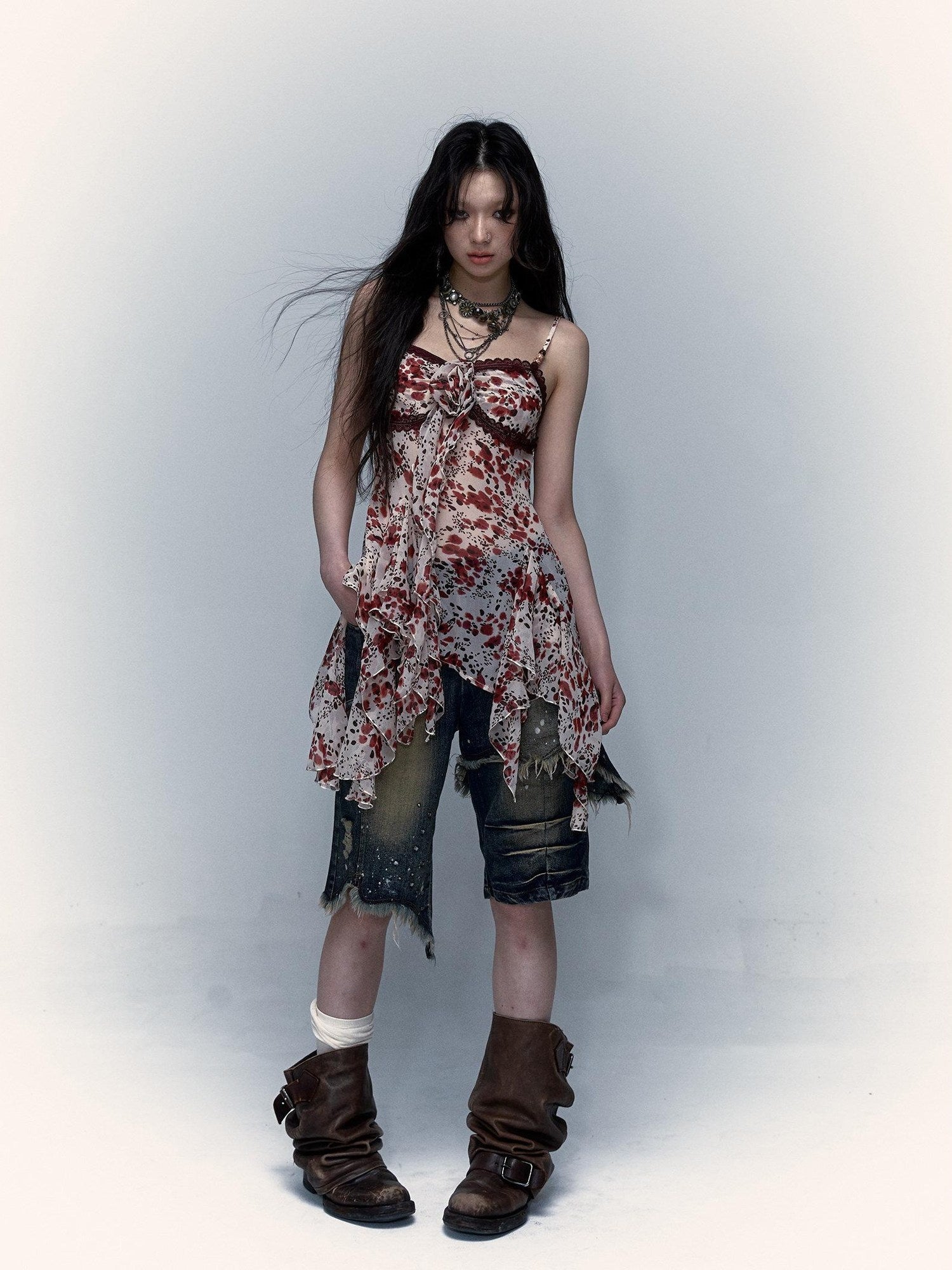 NO ROMANCE Vintage Asymmetrical Cinched Waist Floral Leopard Spaghetti Slip Mini Dresses