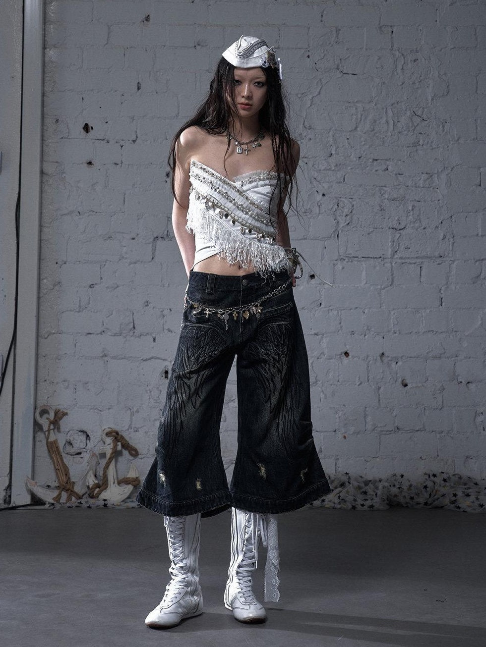 NO ROMANCE Vintage Embroidered Loose Mid Rise Cotton For Girls Washed Blue Wide-Leg Jeans