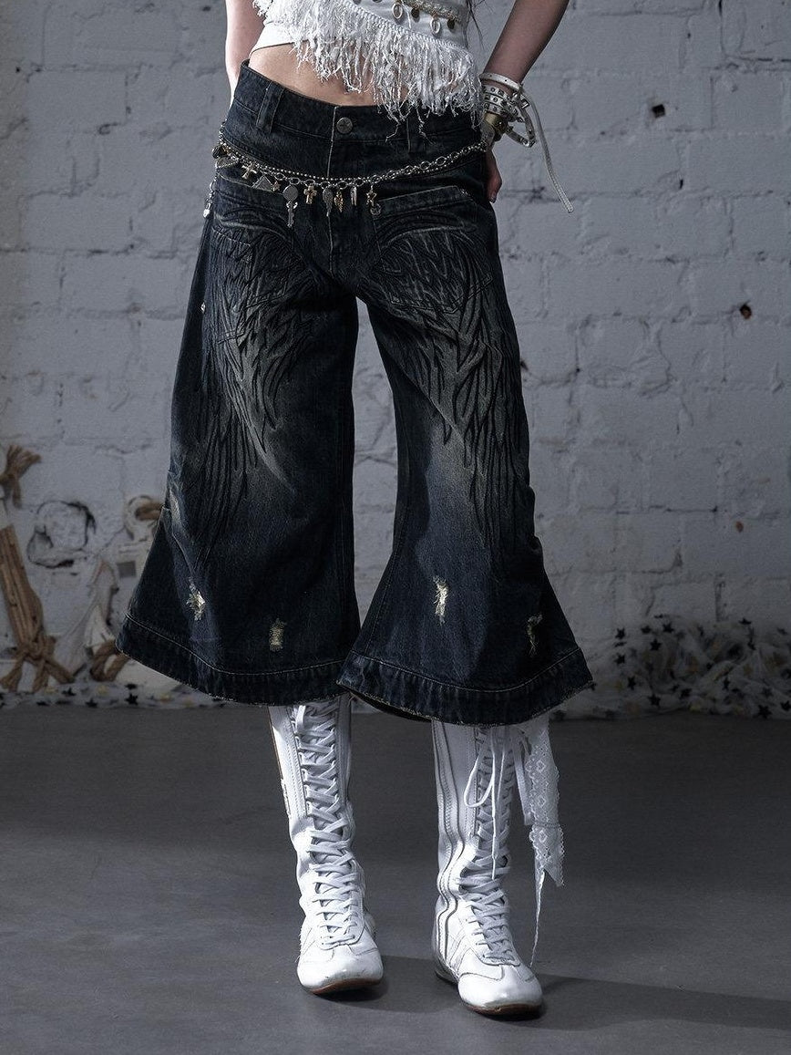 NO ROMANCE Vintage Embroidered Loose Mid Rise Cotton For Girls Washed Blue Wide-Leg Jeans