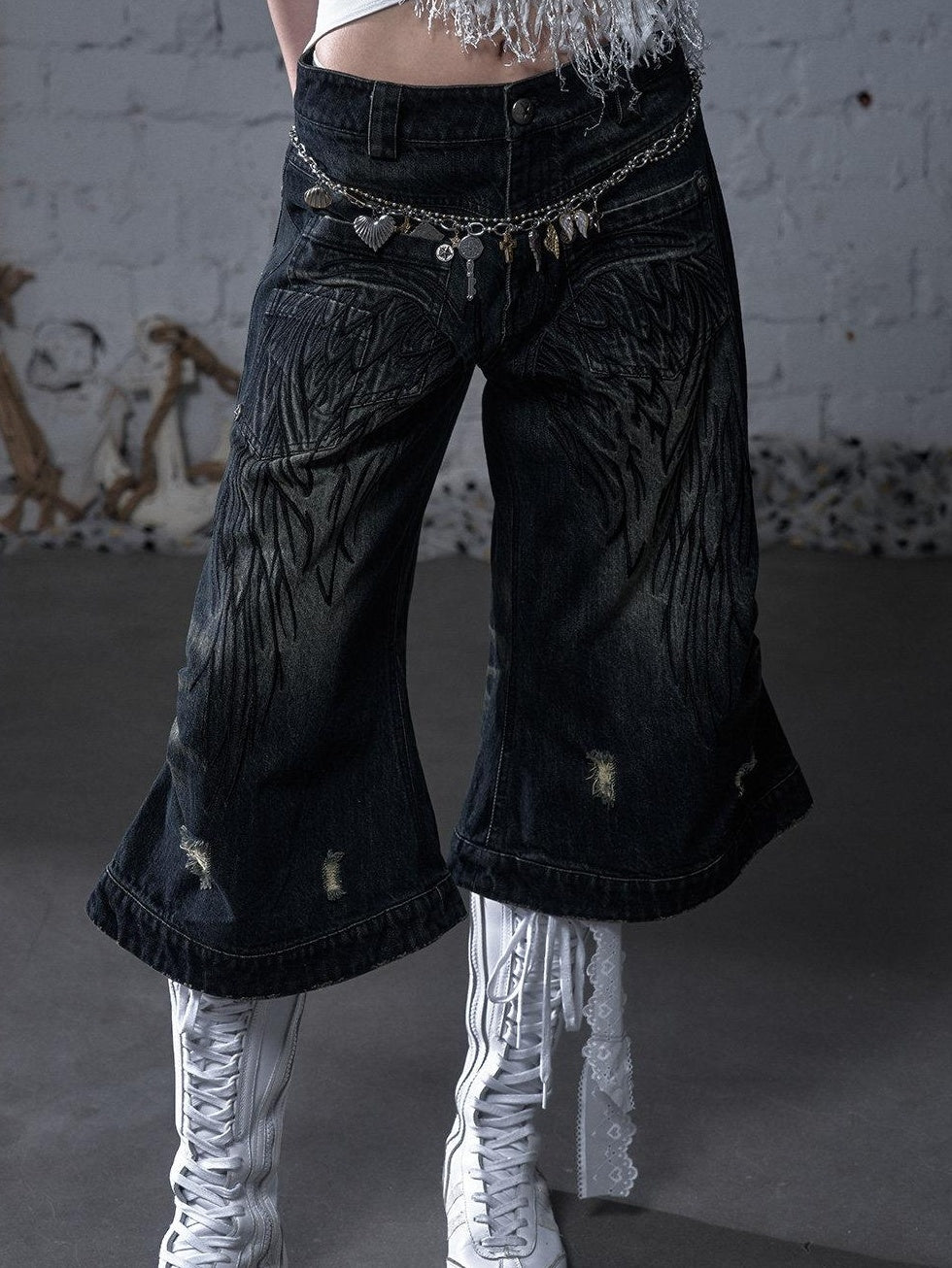 NO ROMANCE Vintage Embroidered Loose Mid Rise Cotton For Girls Washed Blue Wide-Leg Jeans