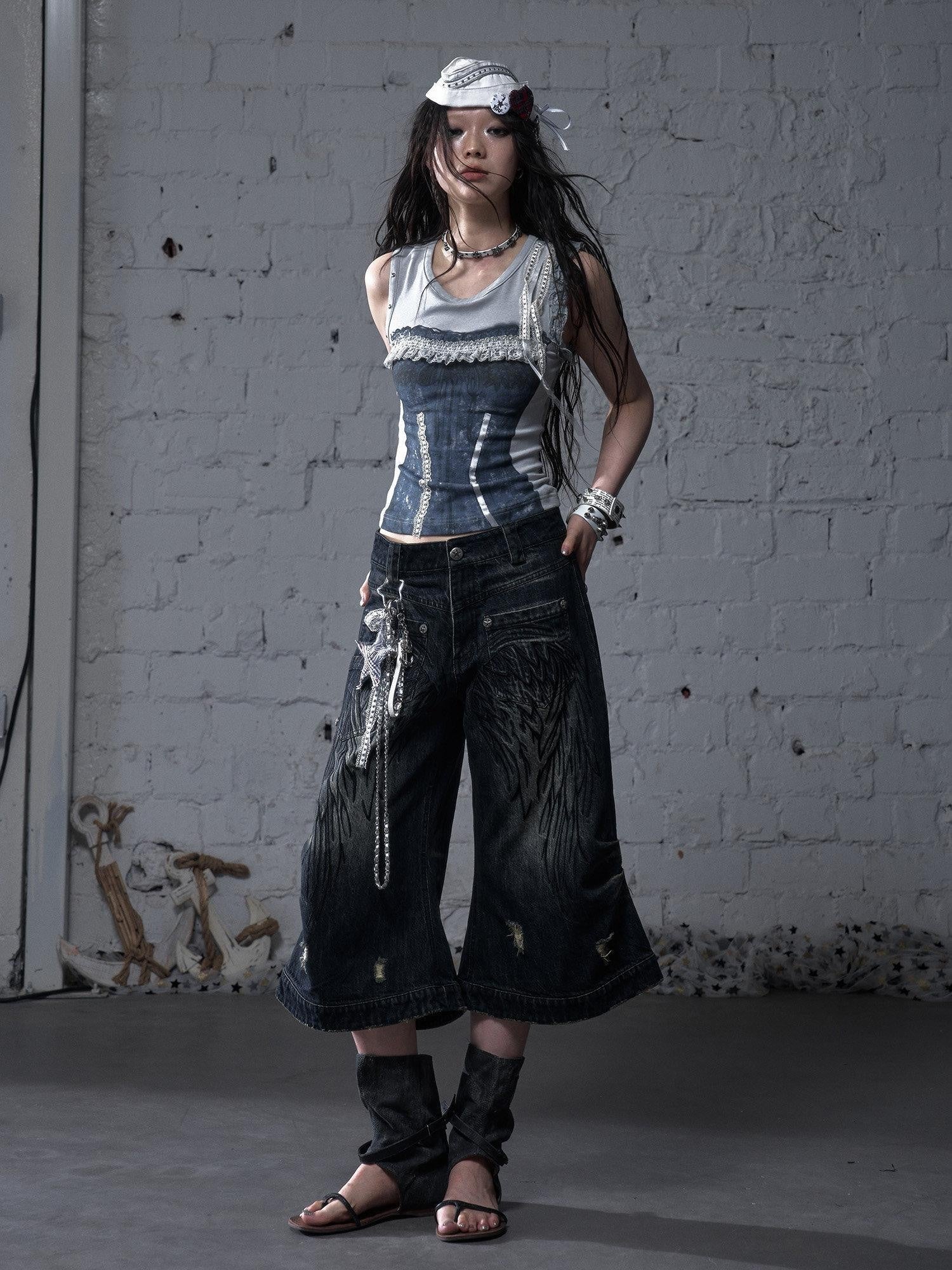 NO ROMANCE Vintage Embroidered Loose Mid Rise Cotton For Girls Washed Blue Wide-Leg Jeans
