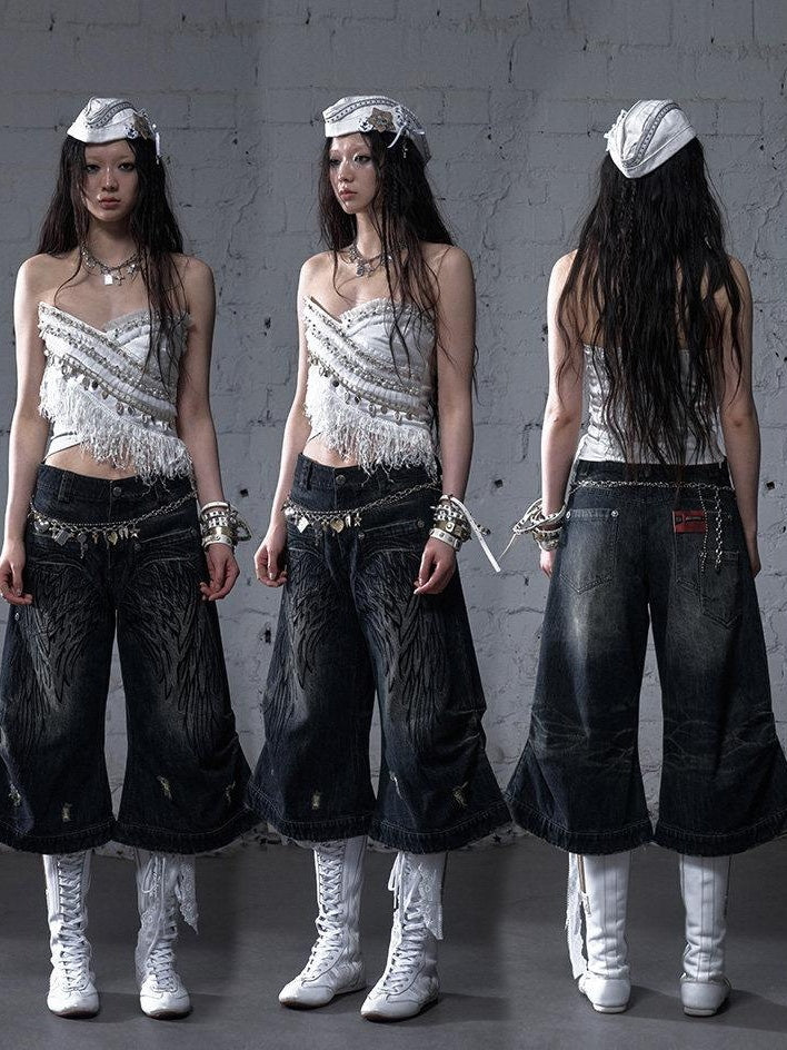 NO ROMANCE Vintage Embroidered Loose Mid Rise Cotton For Girls Washed Blue Wide-Leg Jeans