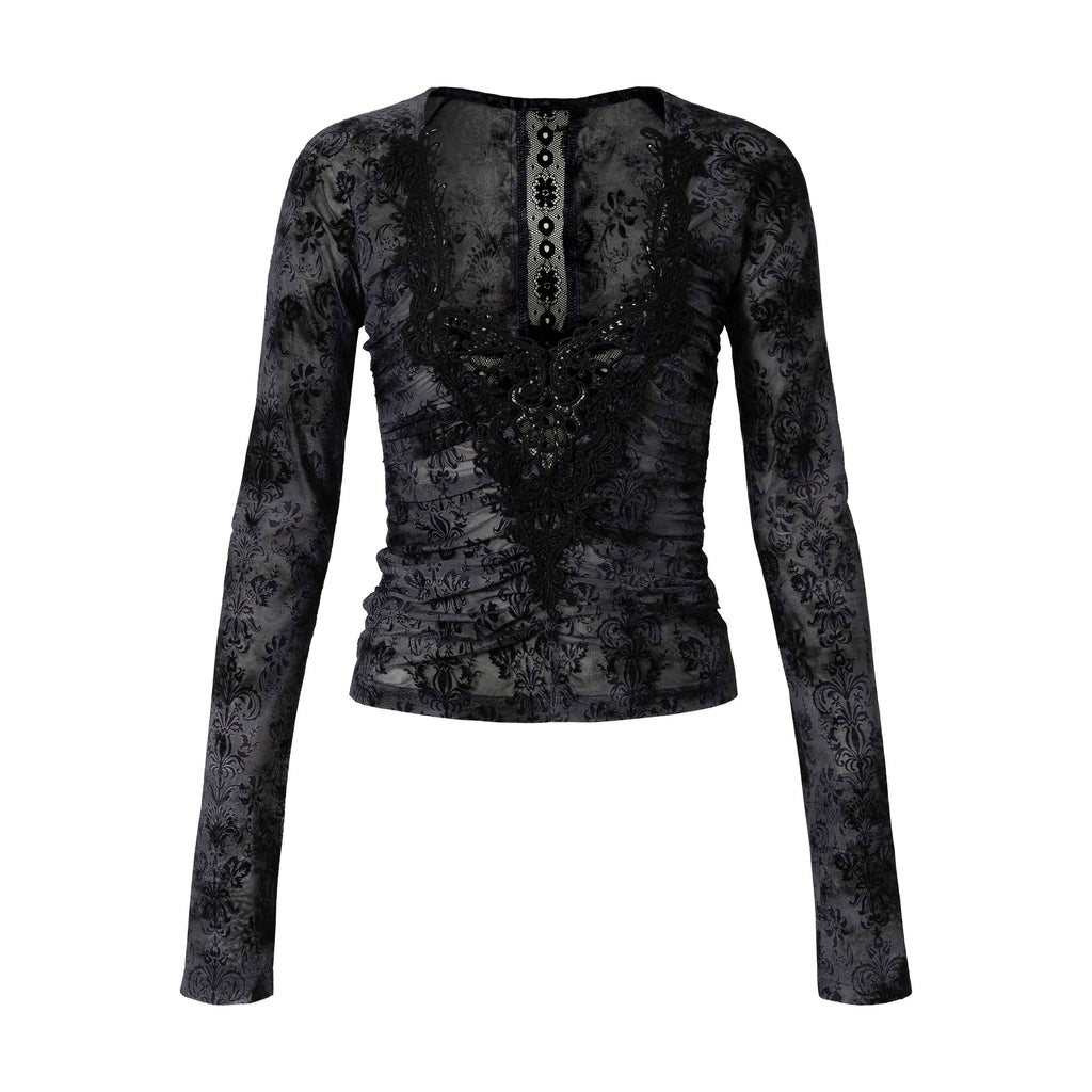 NO_ROMANCE_Vintage_Lace_Slim_Fit_V-neck_Women_Letter_Print_Smoke_Blue_Long_Sleeve_T-Shirts_MISSTT