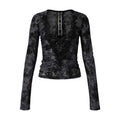 NO_ROMANCE_Vintage_Lace_Slim_Fit_V-neck_Women_Letter_Print_Smoke_Blue_Long_Sleeve_T-Shirts_MISSTT