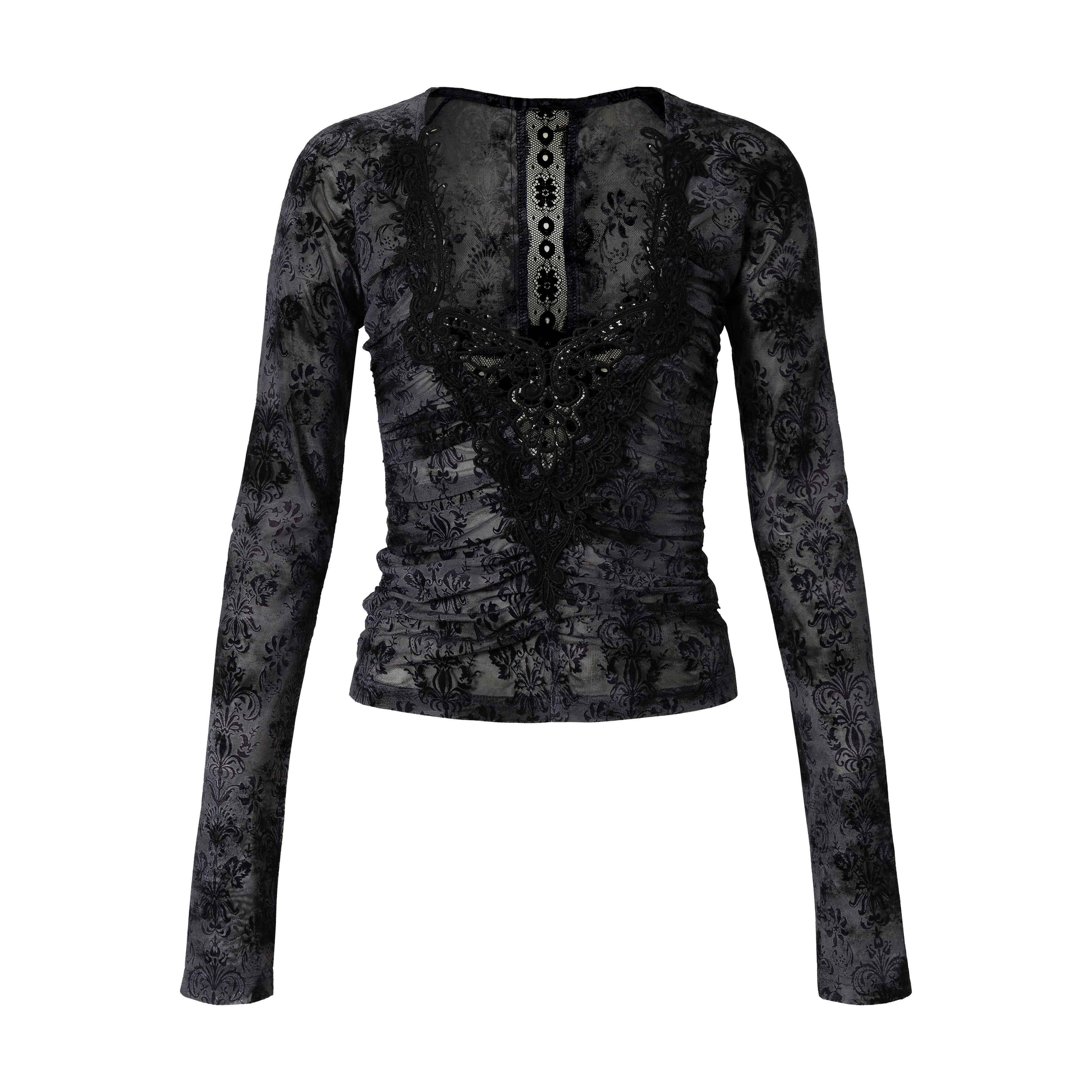 NO_ROMANCE_Vintage_Lace_Slim_Fit_V-neck_Women_Letter_Print_Smoke_Blue_Long_Sleeve_T-Shirts_MISSTT