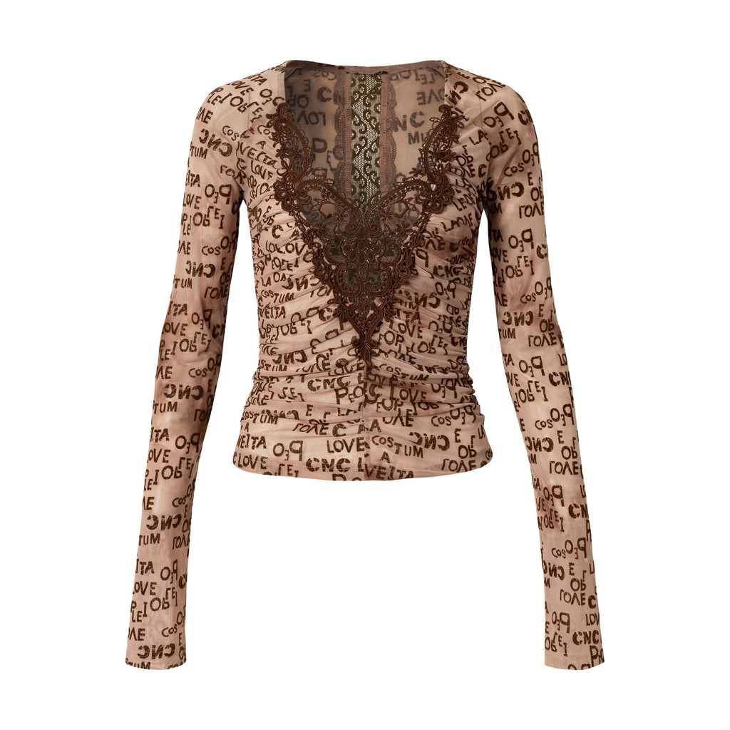 NO_ROMANCE_Vintage_Lace_Slim_Fit_V-neck_Women_Letter_Print_Smoke_Blue_Long_Sleeve_T-Shirts_MISSTT