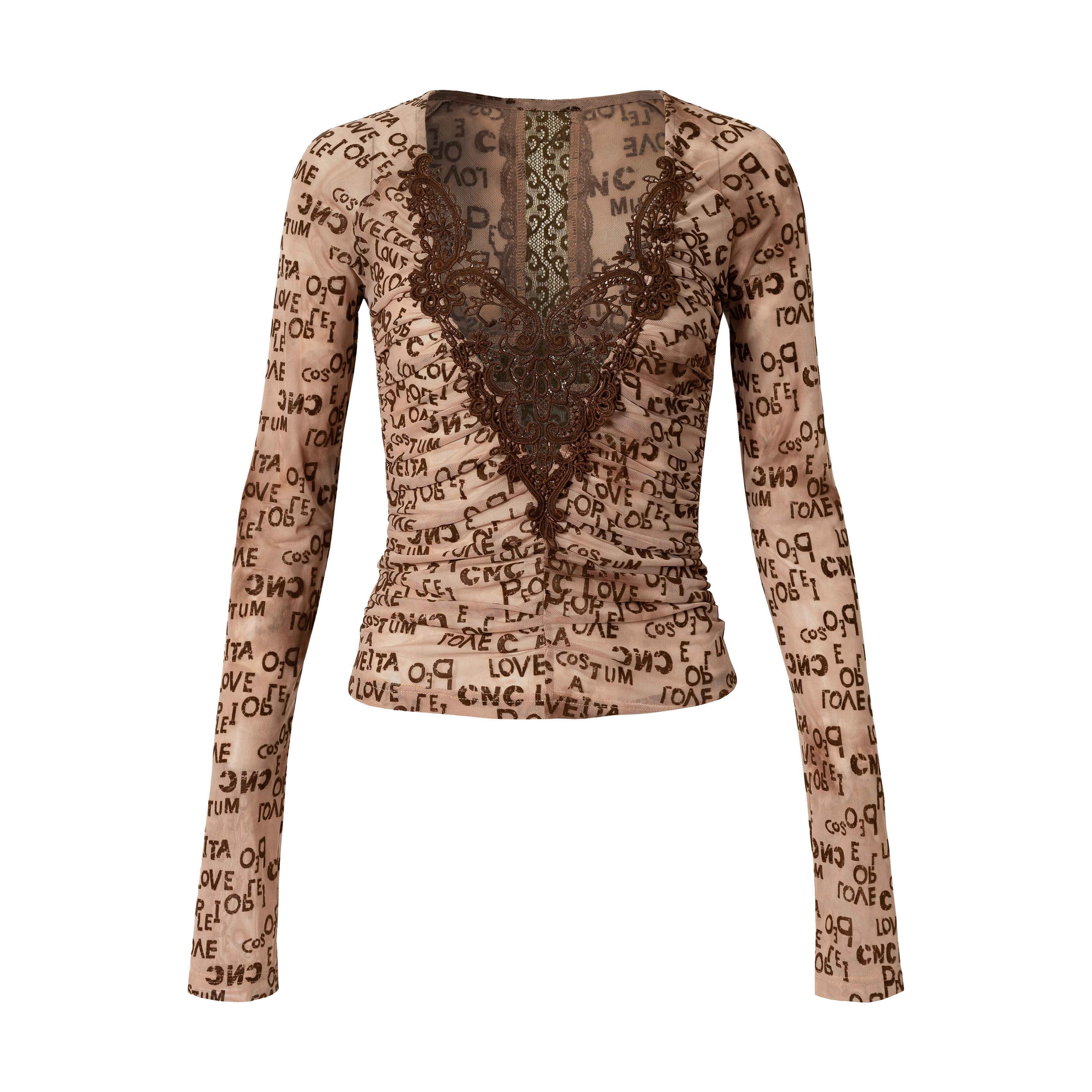 NO_ROMANCE_Vintage_Lace_Slim_Fit_V-neck_Women_Letter_Print_Smoke_Blue_Long_Sleeve_T-Shirts_MISSTT