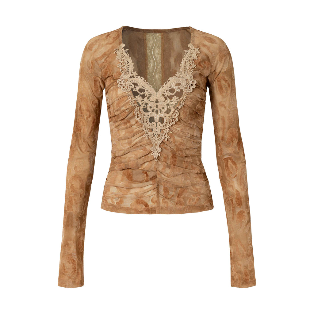 NO_ROMANCE_Vintage_Lace_Slim_Fit_V-neck_Women_Letter_Print_Smoke_Blue_Long_Sleeve_T-Shirts_MISSTT