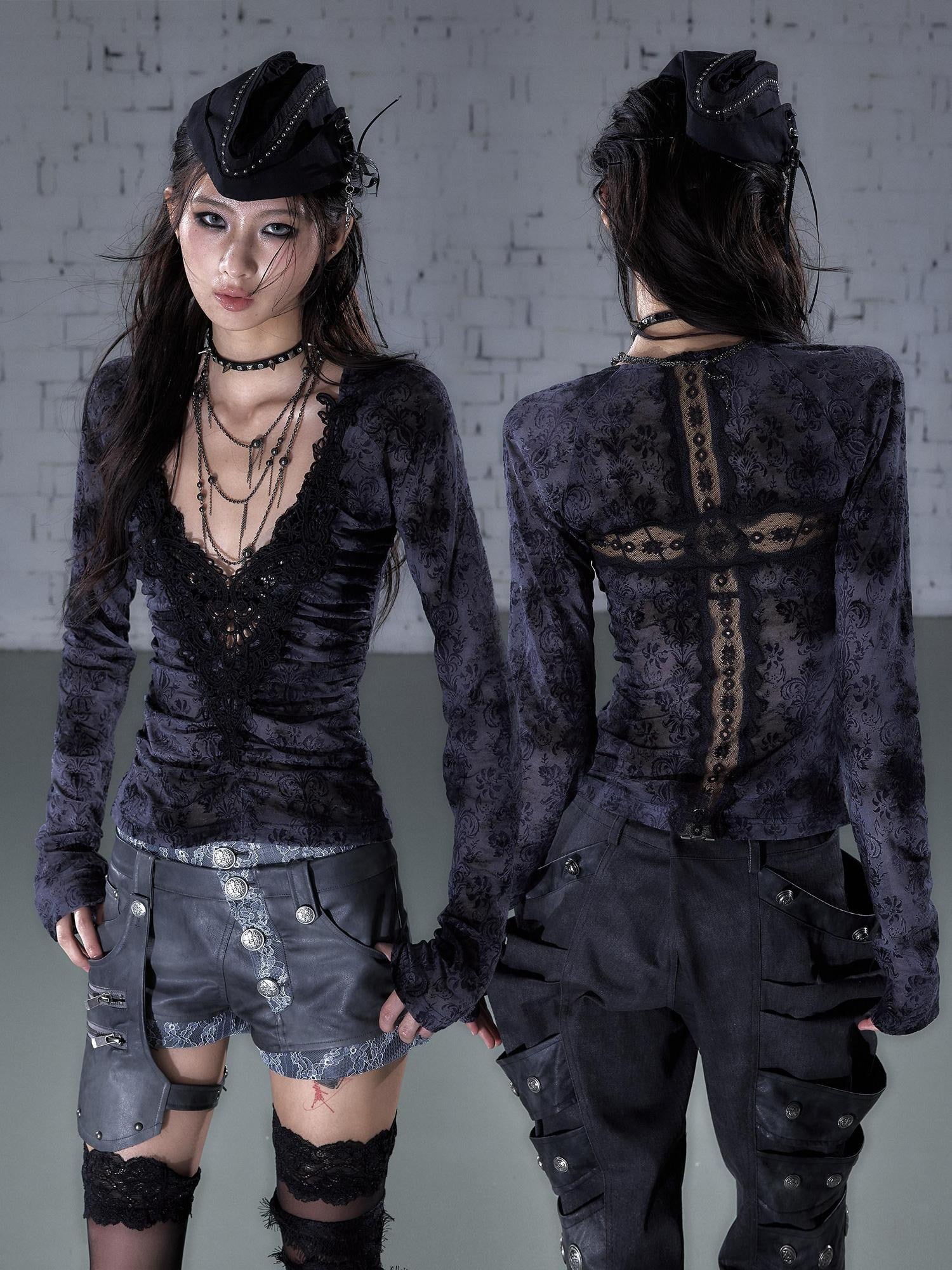 NO ROMANCE Vintage Lace Slim Fit V-neck Women Letter Print Smoke Blue Long Sleeve T-Shirts