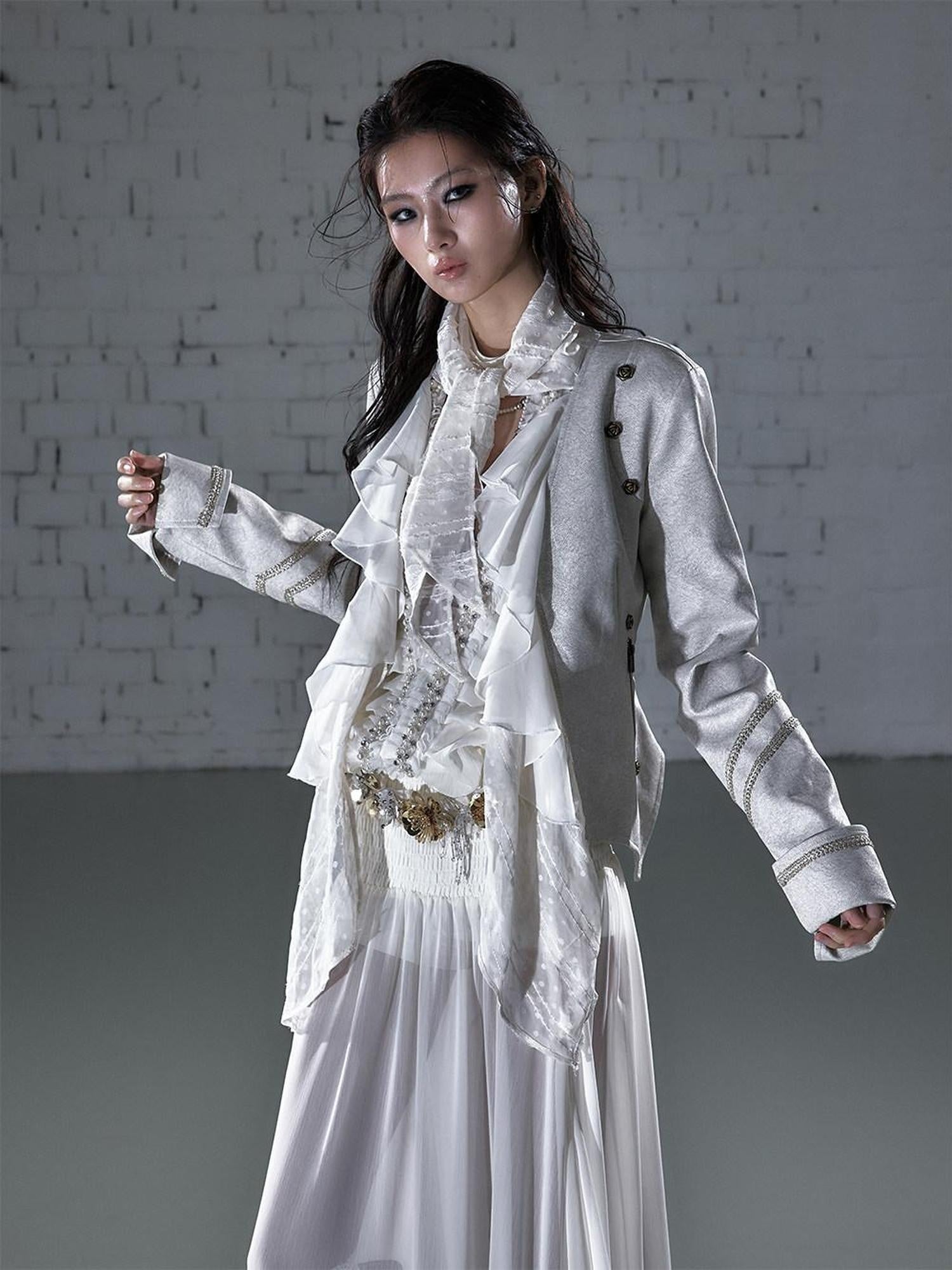 NO ROMANCE Vintage Scarf Collar Ribbon Slim Fit Cropped Women Long Sleeve Casual Jackets