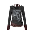 NO_ROMANCE_Viscose_Blend_Vintage_Print_Slim_Women_Round_Neck_Gray_Red_Long_Sleeve_T-Shirts_MISSTT